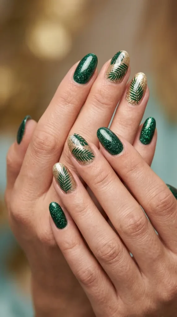 Tropical Palm Accent Glitter Nails