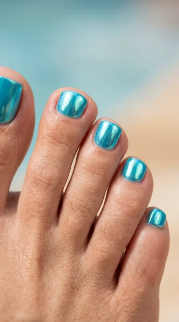 Turquoise Chrome Toe Nails
