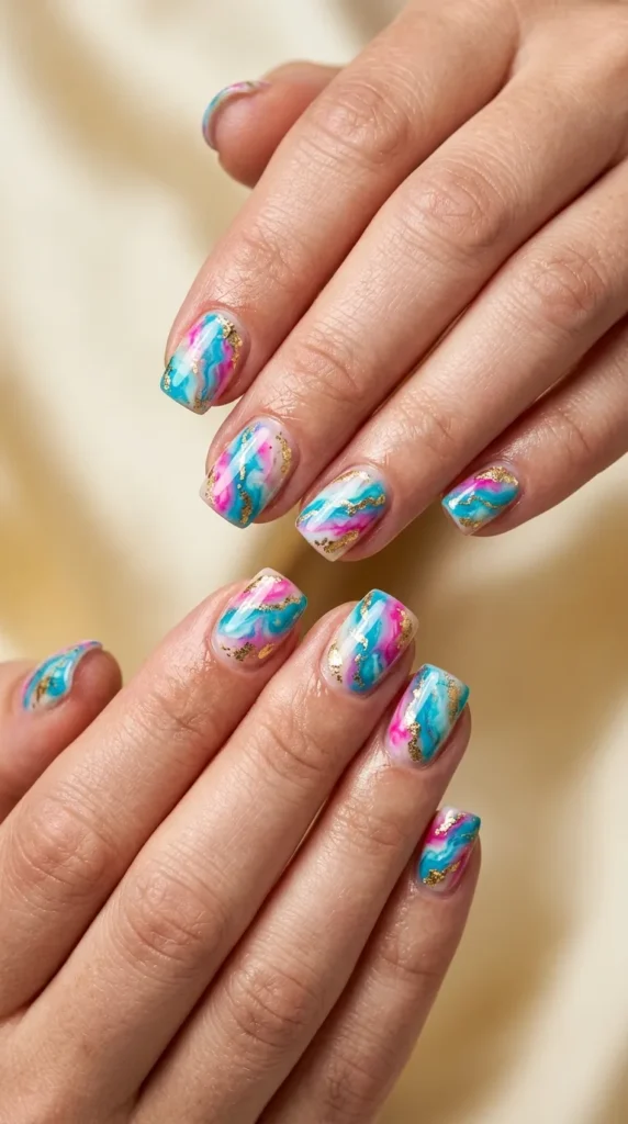 Turquoise Pink Marble Nails
