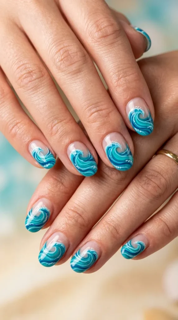 Turquoise Wave Pattern Nails