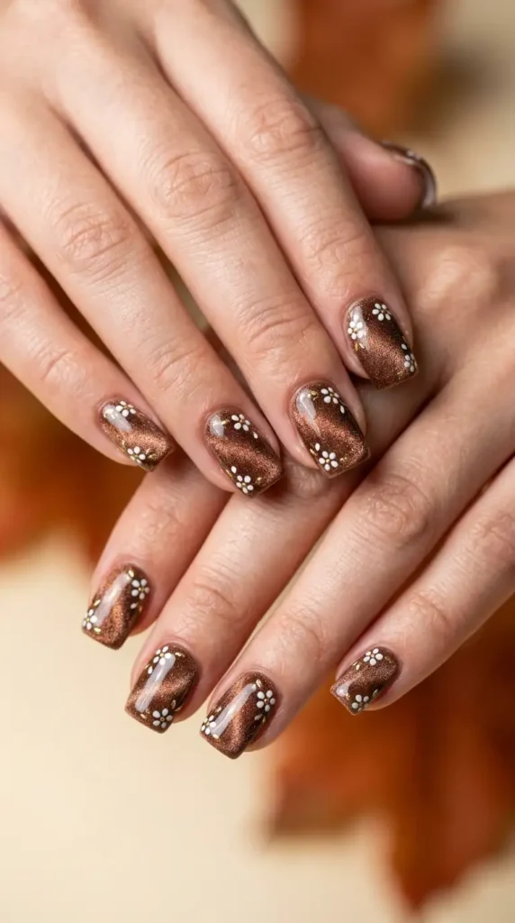 Velvet Brown Nails with Tiny White Flowers