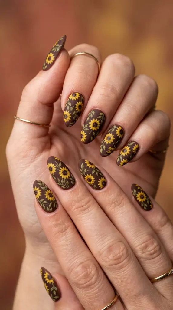 Velvet Matte Brown Acrylic Nails with Floral Pattern