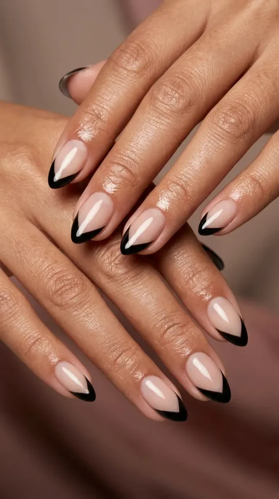 V-Shaped Black French Tips with Gloss Finish