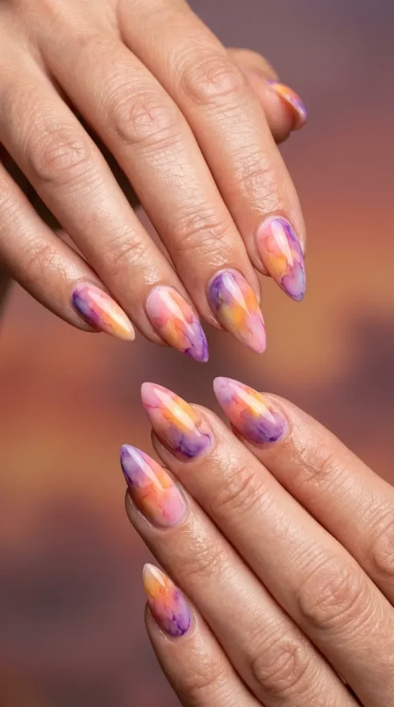 Watercolor Sunset Stiletto Nails