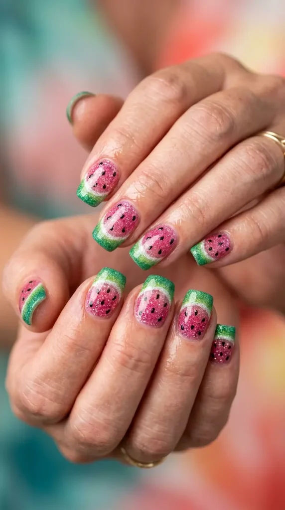 Watermelon Inspired Glitter Nails