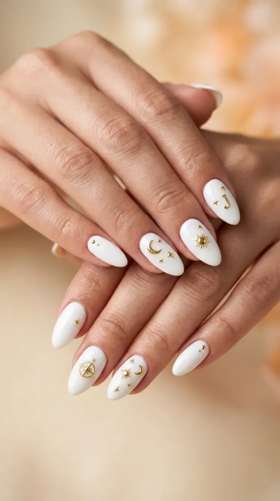 White Almond Nails with Gold Charms