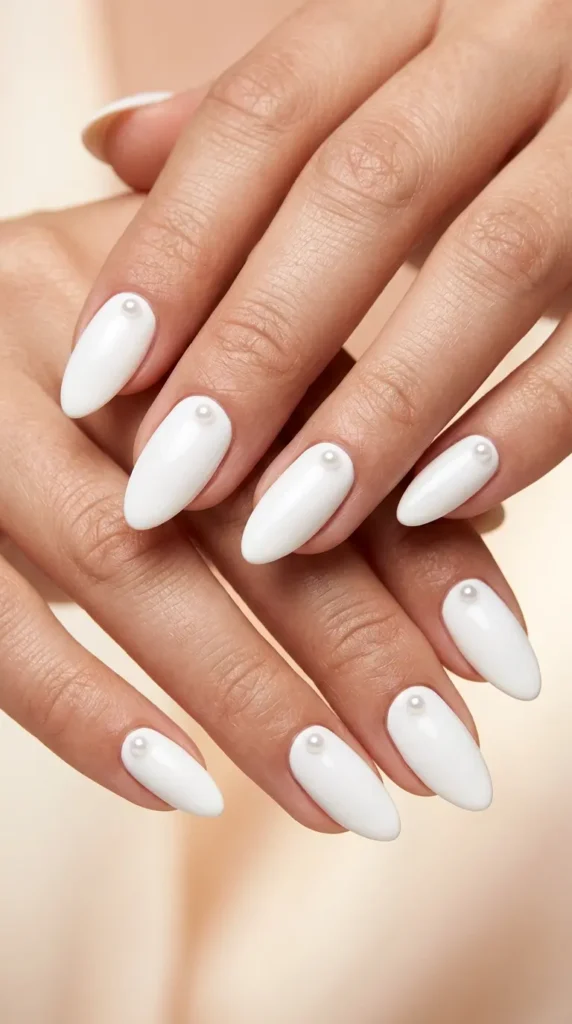 White Almond Nails with Tiny Pearls