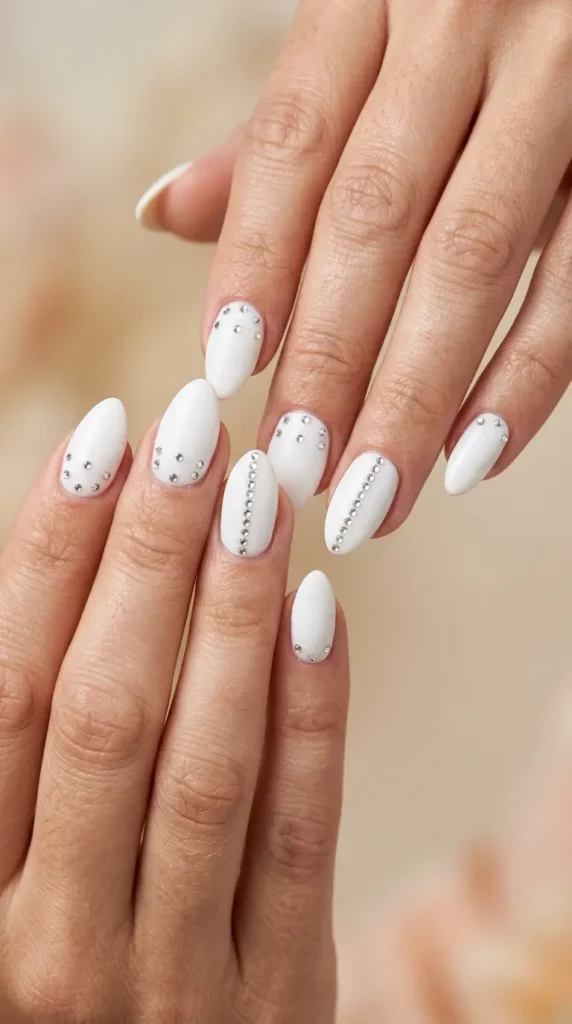 White Almond Nails with Tiny Rhinestones
