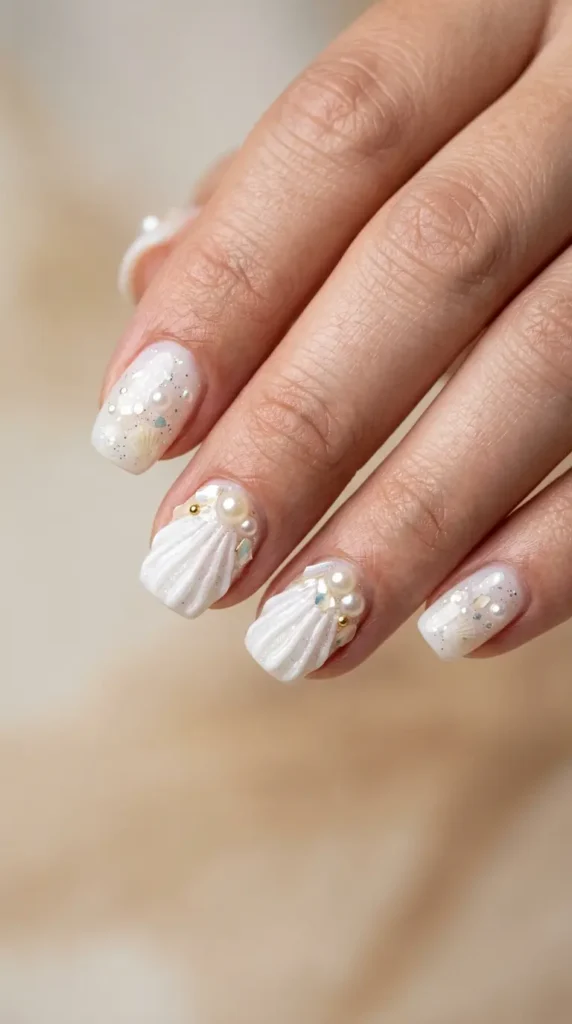 White Beach Shell & Pearl Nails