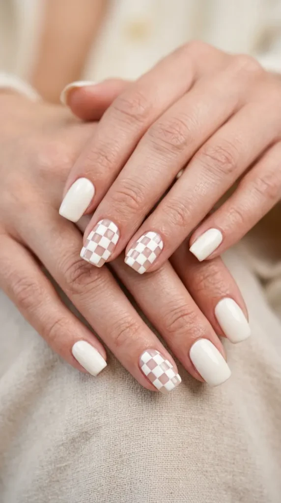 White Checkerboard Accent Nails