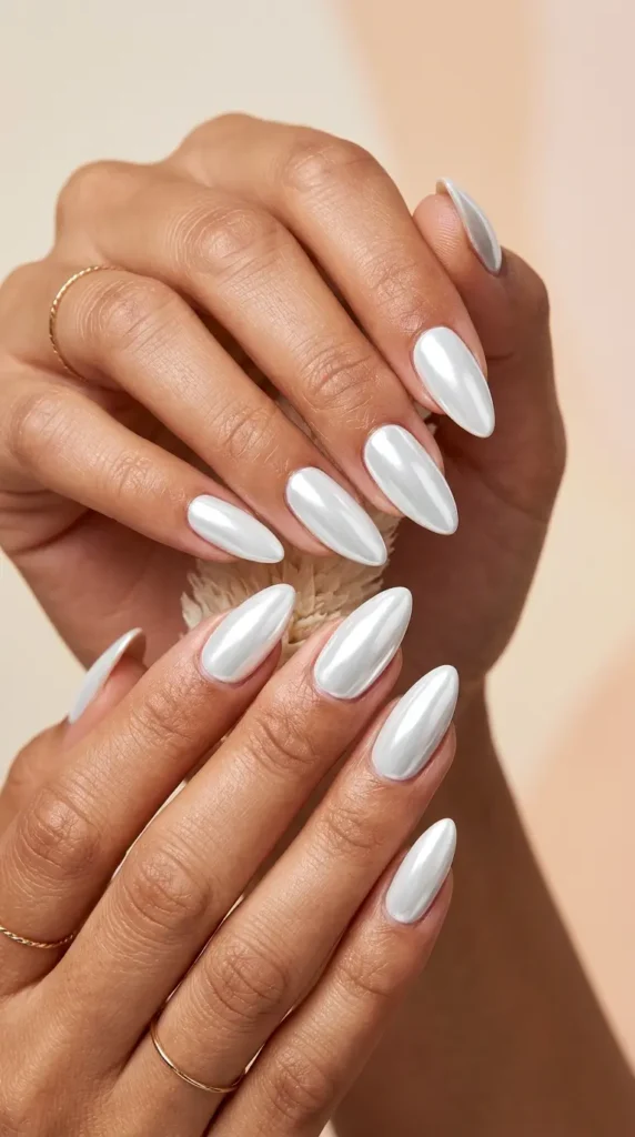White Chrome Almond Nails