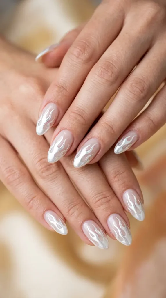 White Chrome Flame Nails
