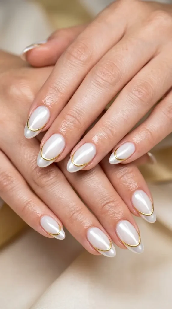 White Chrome French Tips with Gold Outline