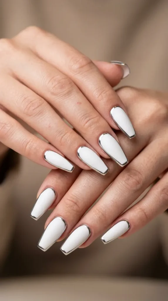 White Coffin Nails with Chrome Outline
