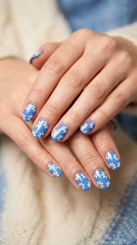 White daisy blue nails