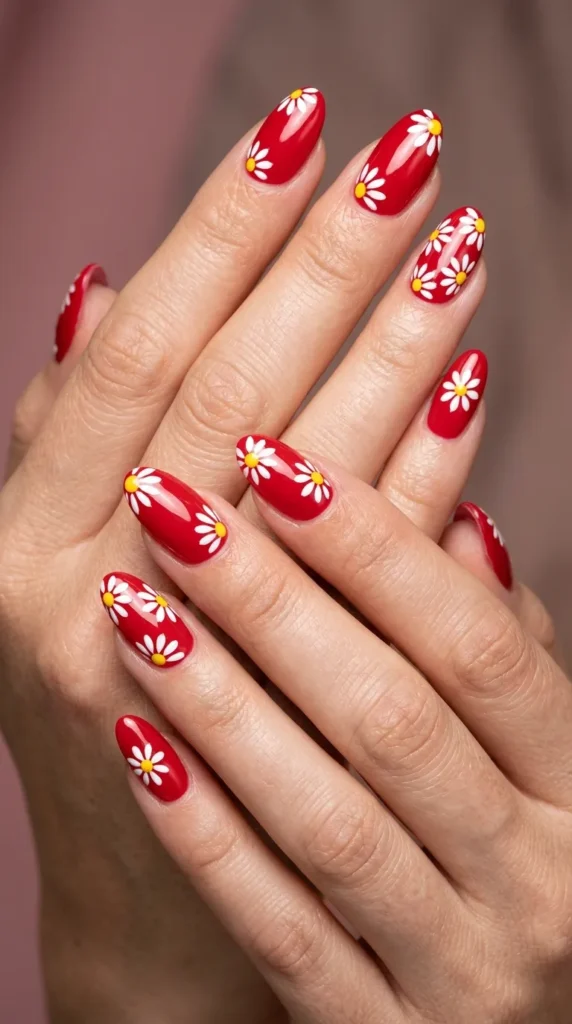 White Daisy Red Nails