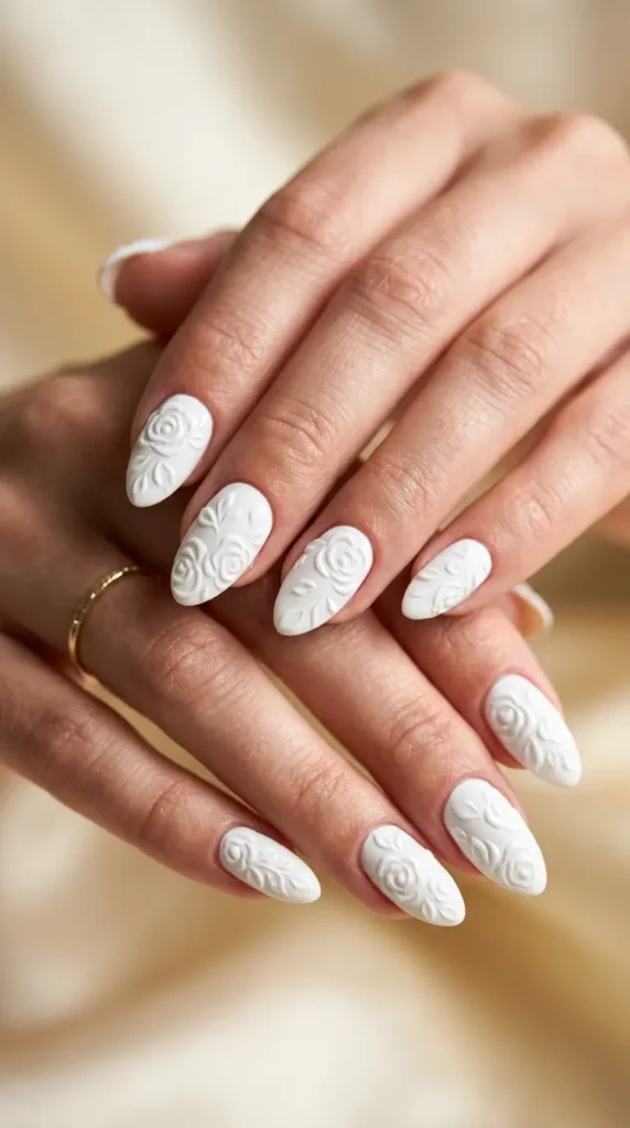 White Floral Embossed Nails