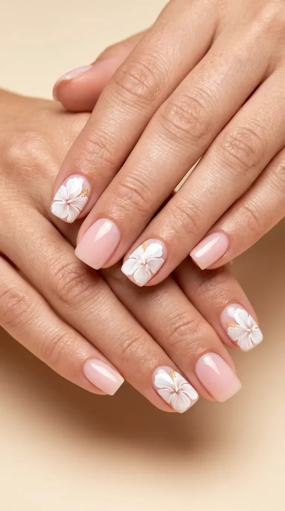 White Hibiscus Floral Nails