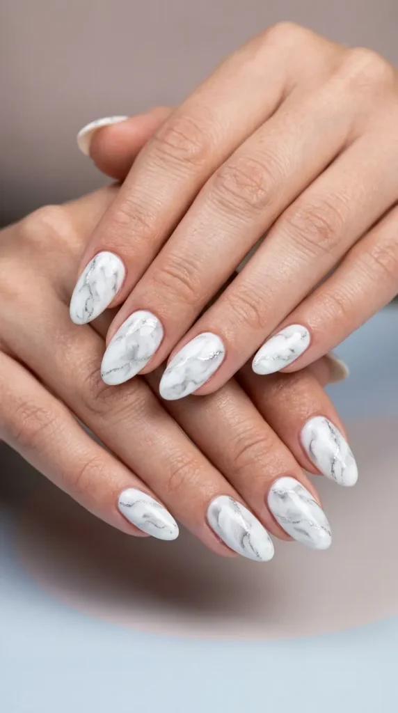 White Marble Nails with Silver Veins