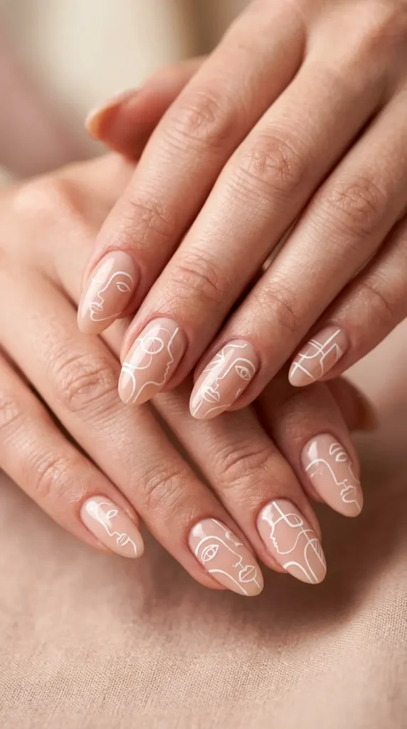 White Minimal Line Art Nails
