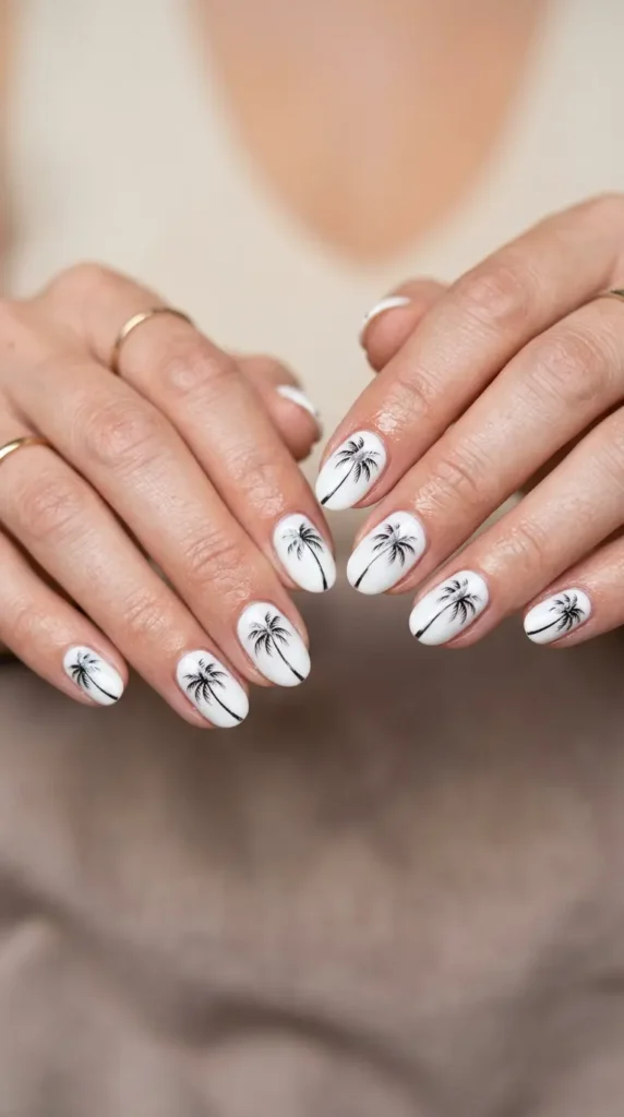 White Palm Tree Silhouette Nails