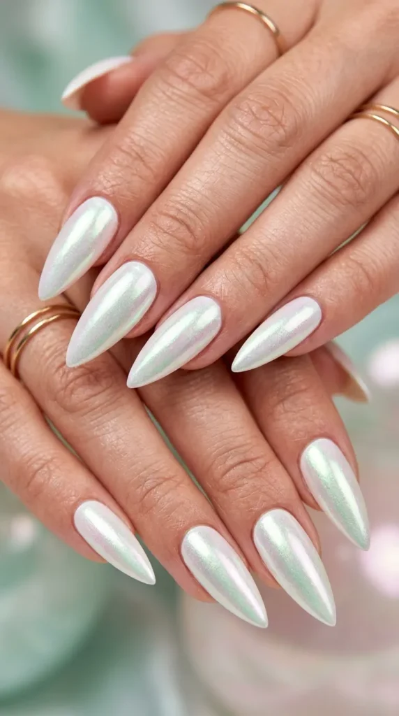 White Pearl Mermaid Stiletto Nails