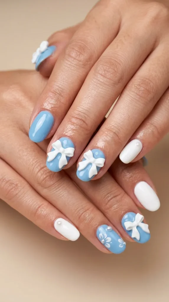 White Ribbon Bow Nails
