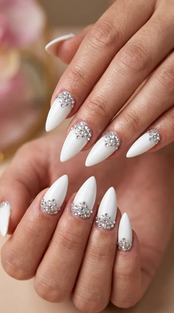 White Stiletto Nails with Crystal Accents