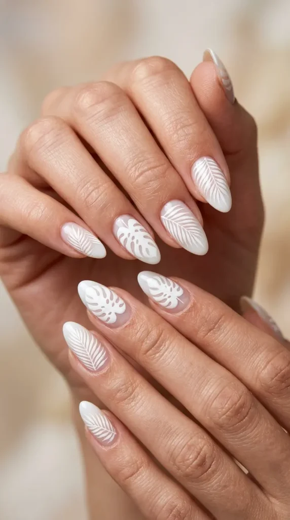 White Tropical Leaf Nails
