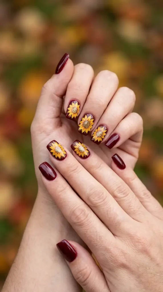 Wine Red Acrylic Nails with Sunflower Sparkle