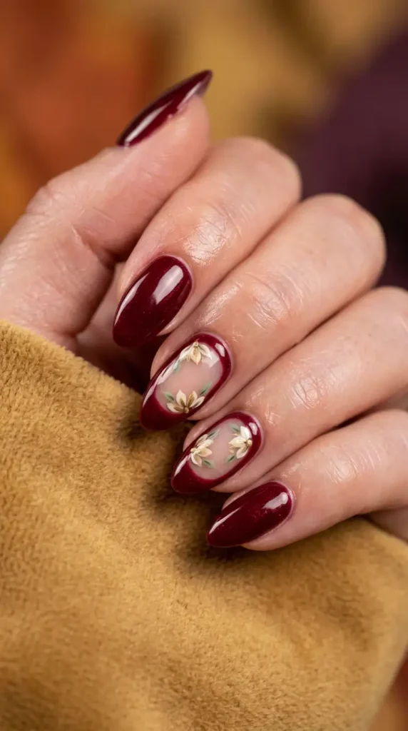 Wine Red Floral Negative Space Nails