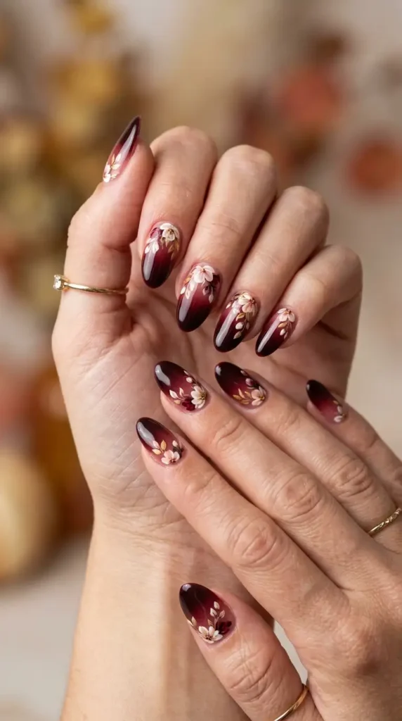 Wine Red Floral Ombre Nails