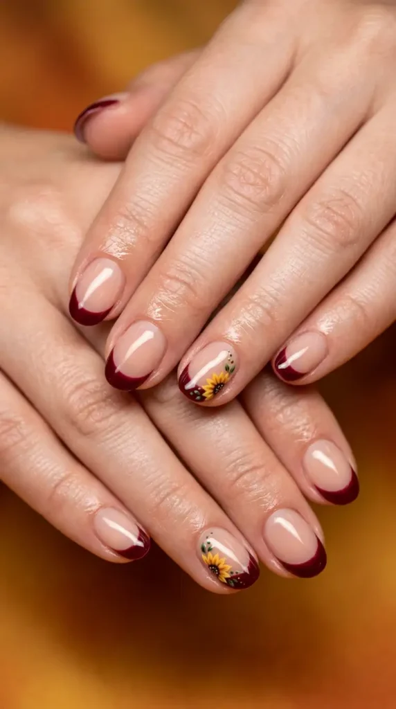 Wine Red French Tips with Sunflower Art