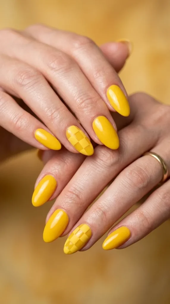 Yellow Checkerboard Accent Nails