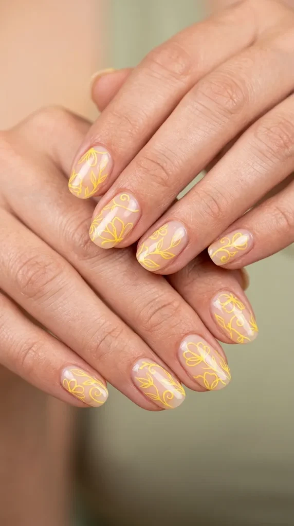 Yellow Floral Outline Nails