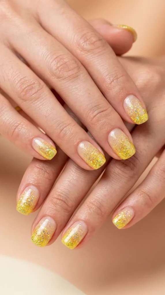 Yellow Glitter Tip Nails