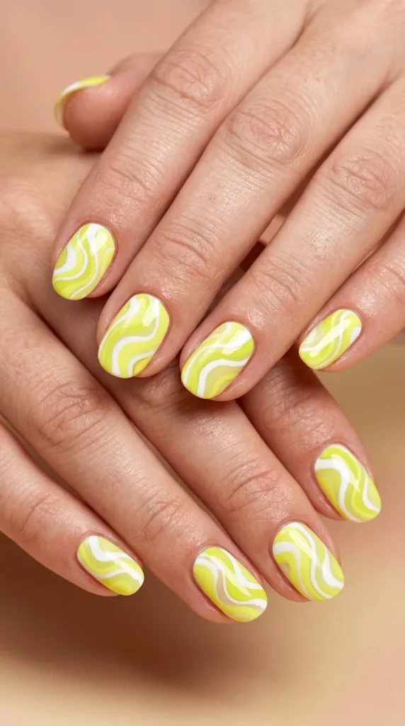 Yellow White Swirl Nails