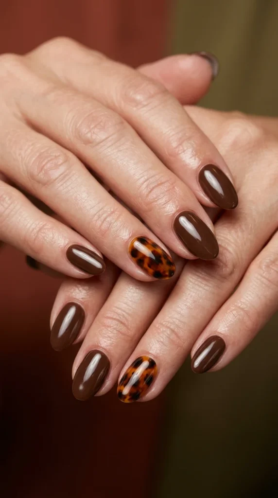 Chocolate Brown Oval Nails with Tortoiseshell Accent Nails