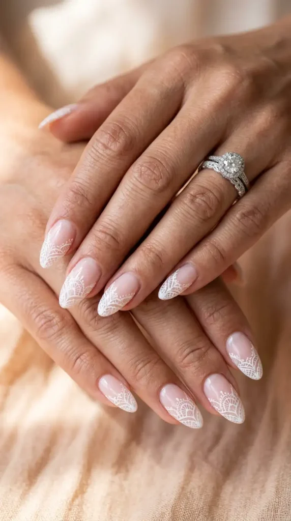 Almond Nails with White Lace Details