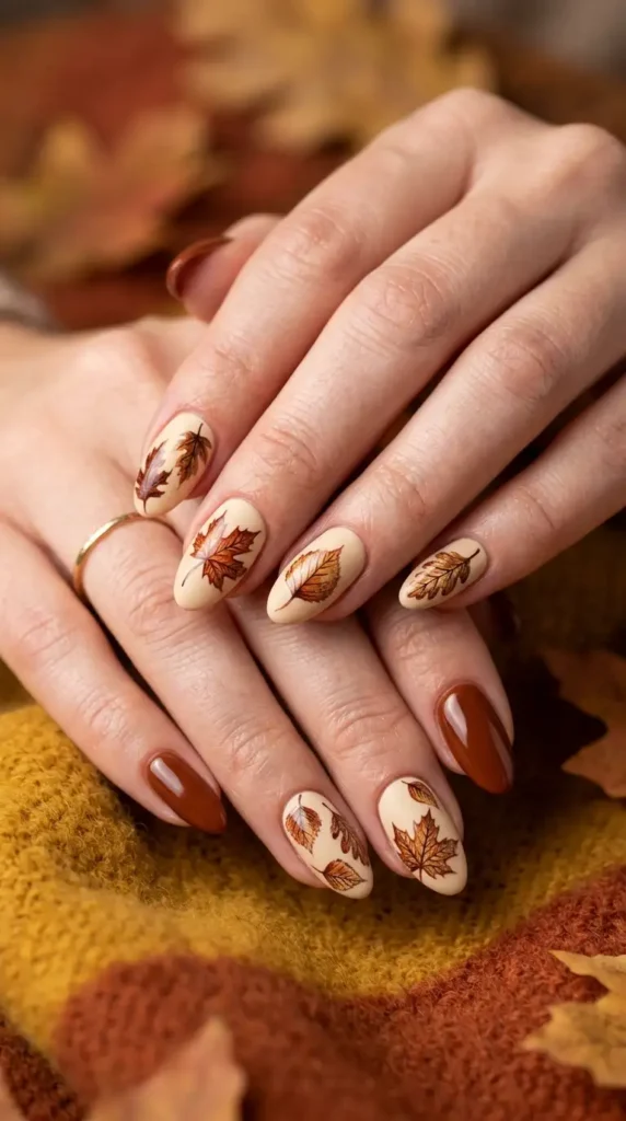 Autumn Leaf Accent Nails in Rust and Brown