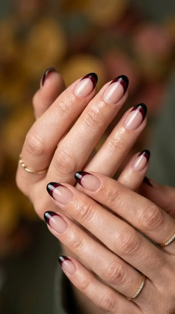 Black and Burgundy French Oval Nails