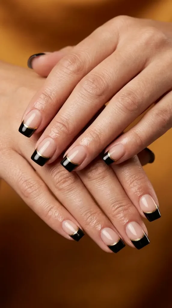 Black French Tips with Gold Accents