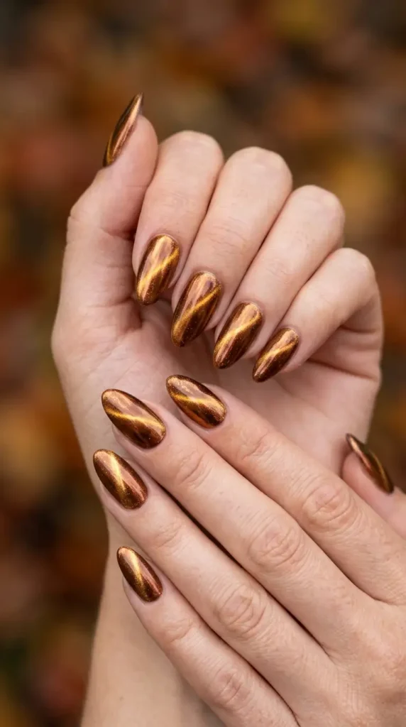 Bronze Cat-Eye Chrome Nails