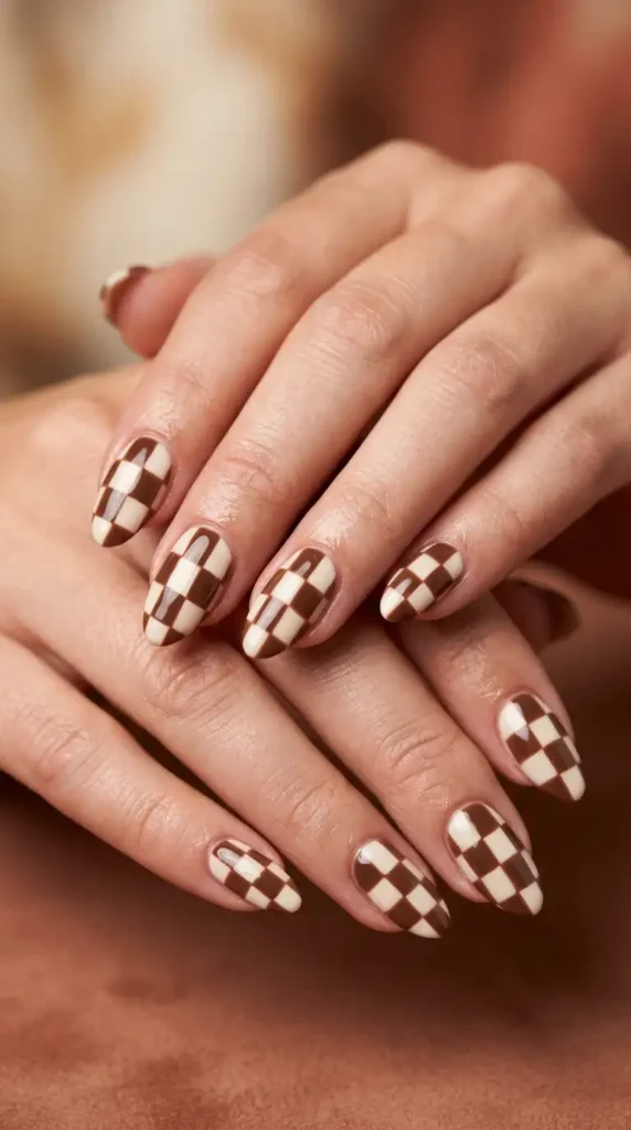Brown and Cream Checkerboard Nails