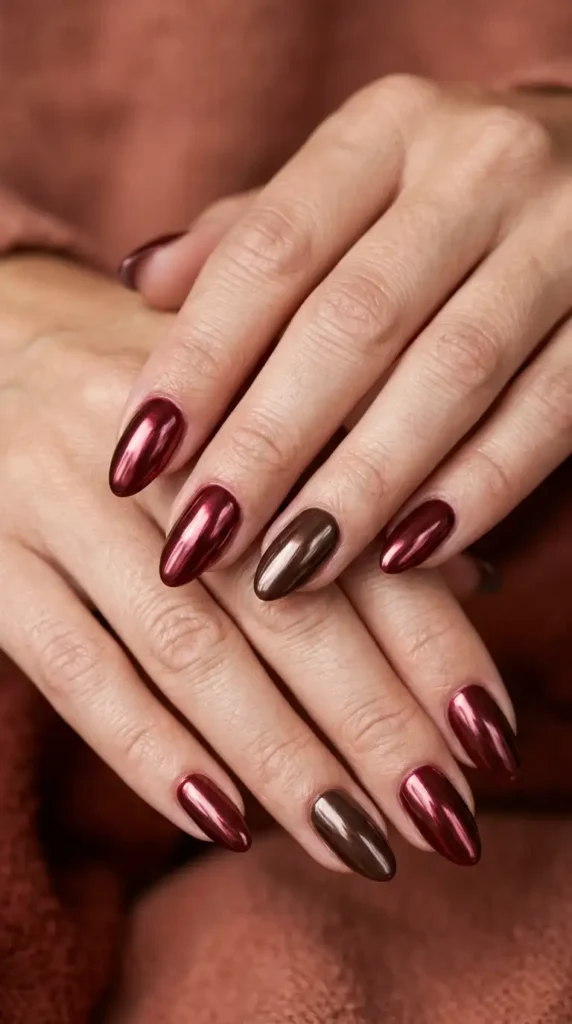 Burgundy and Chocolate Chrome Mix-and-Match Nails