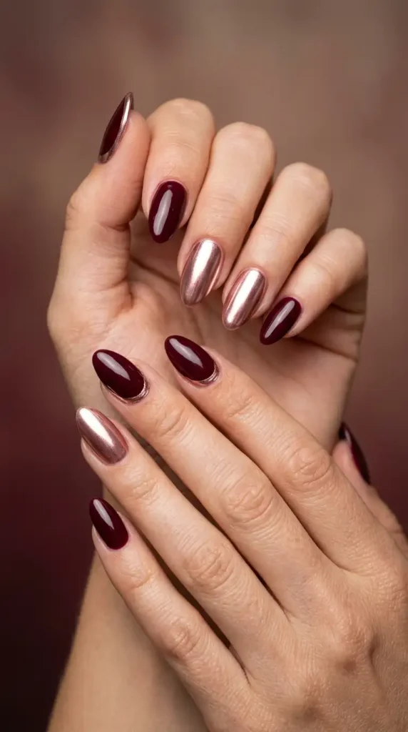 Burgundy and Rose Gold Chrome Nails