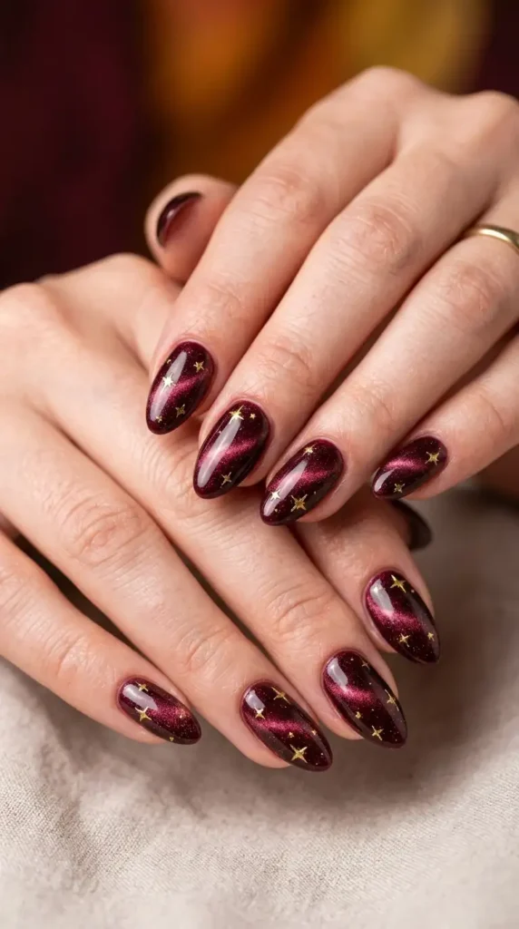 Burgundy Cat-Eye Nails with Gold Star Details