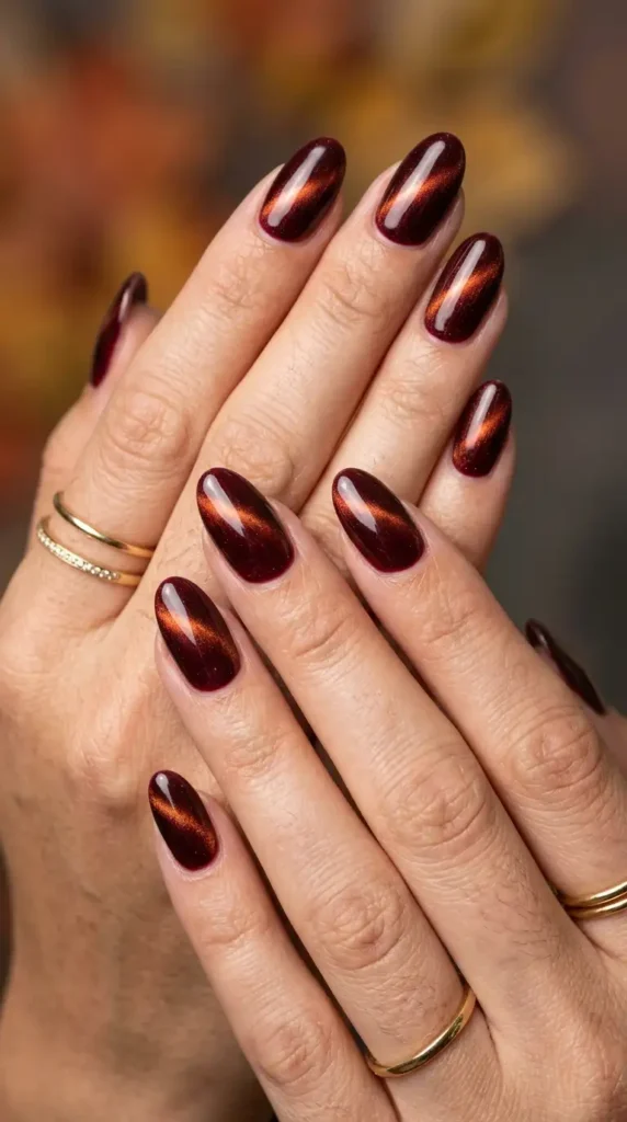 Burgundy Cat-Eye Oval Nails