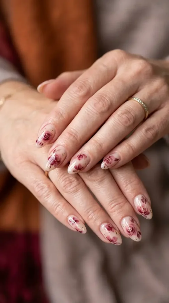Burgundy Floral Bridal Nails