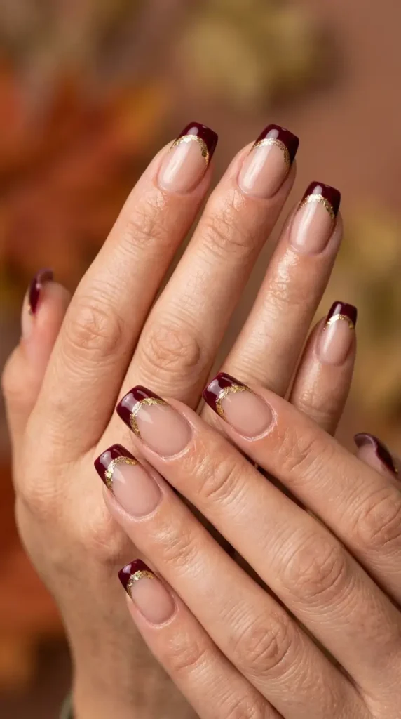 Burgundy French Tips with Gold Accents
